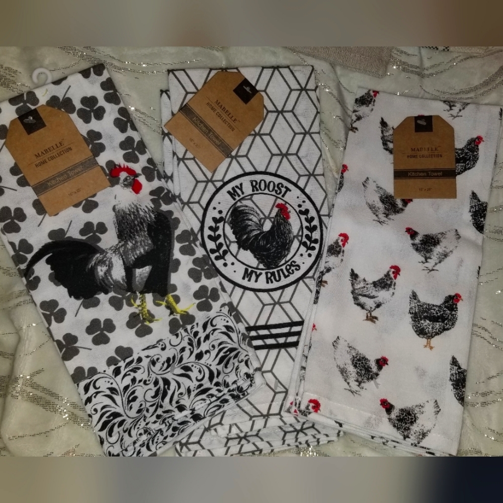 NWT (4) MABELLE Rooster themed kitchen towels